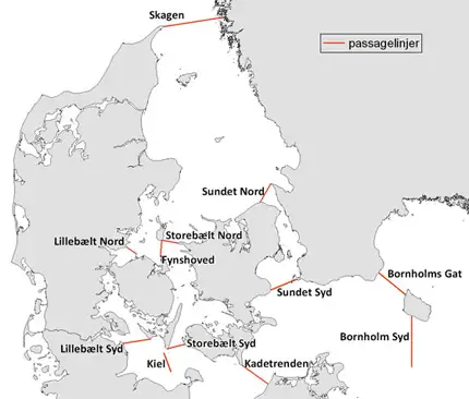 Kort over passagelinjerne i danske farvande